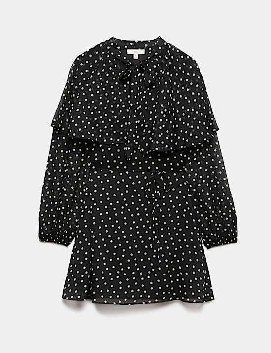 Polka Dot Tie Neck Mini Smock Dress