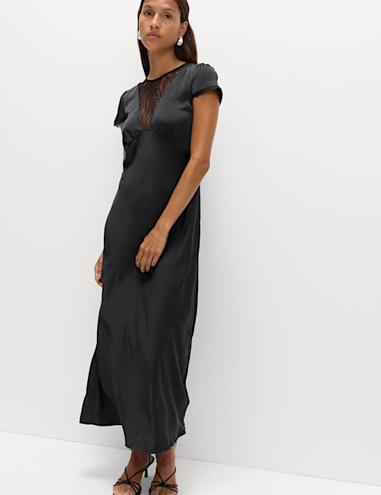 Satin V-Neck Lace Insert Midi Tea Dress