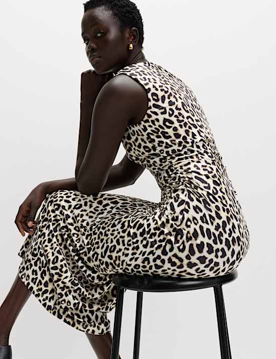 Animal Print Cowl Neck Midi Bodycon Dress
