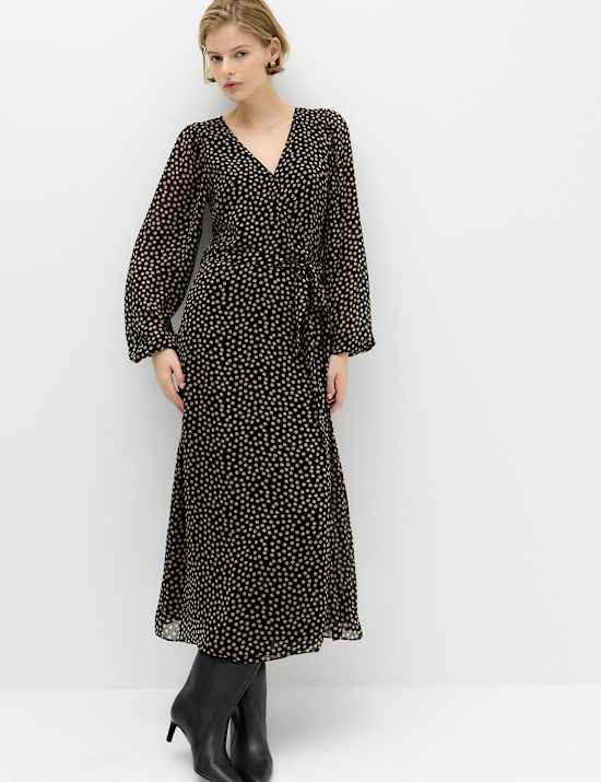 Chiffon Spot Print Midi Wrap Dress