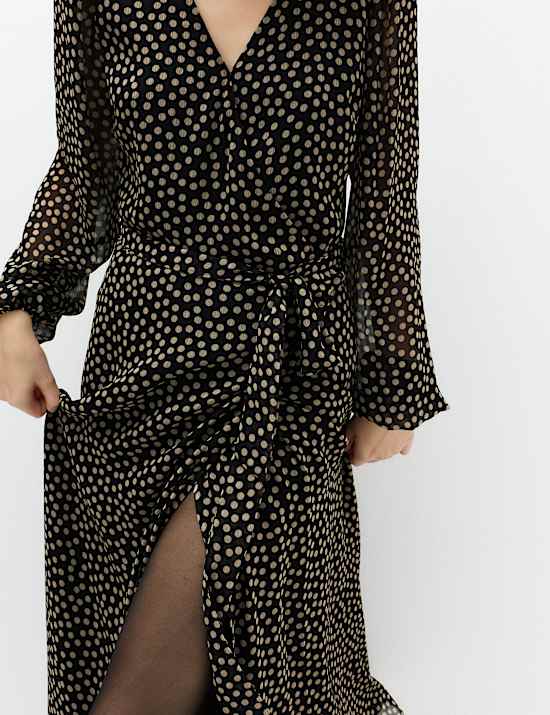 Chiffon Spot Print Midi Wrap Dress