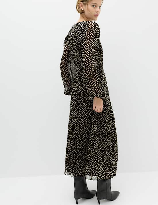 Chiffon Spot Print Midi Wrap Dress