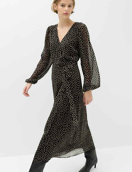 Chiffon Spot Print Midi Wrap Dress