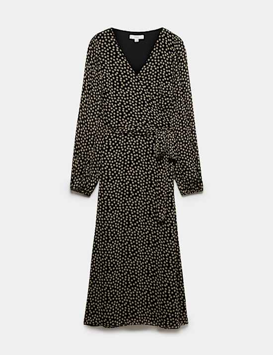 Chiffon Spot Print Midi Wrap Dress