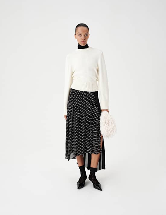 Polka Dot Pleated Hi Low Asymmetric Skirt