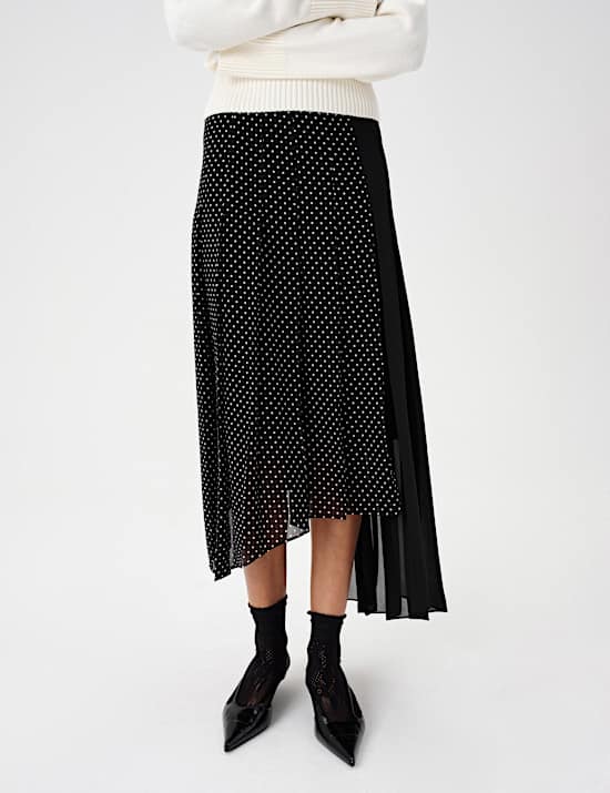 Polka Dot Pleated Hi Low Asymmetric Skirt