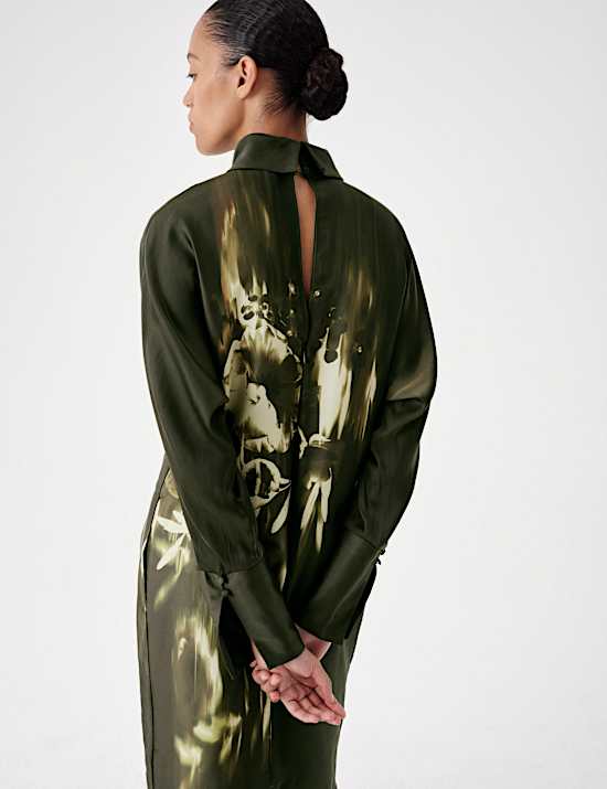 Floral Funnel Neck Midi Satin Column Dress