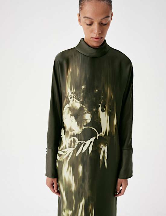 Floral Funnel Neck Midi Satin Column Dress