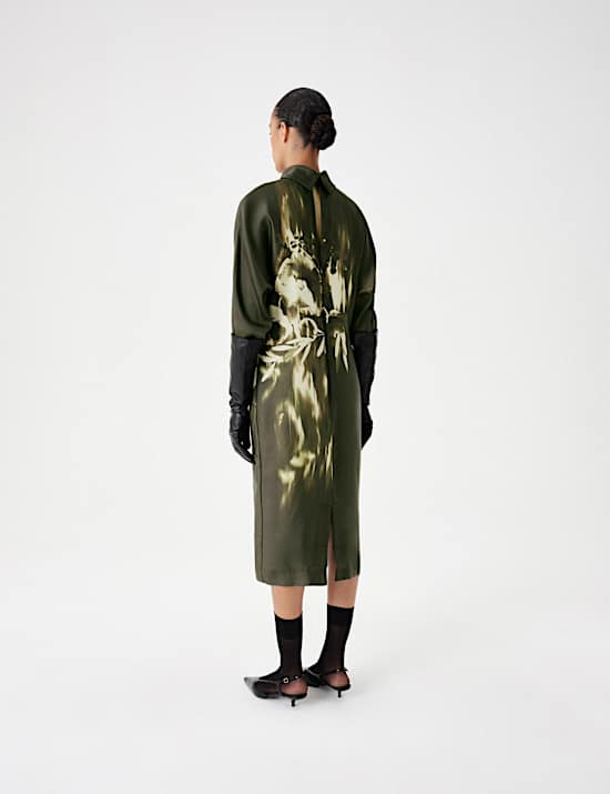 Floral Funnel Neck Midi Satin Column Dress
