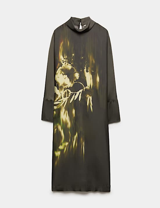 Floral Funnel Neck Midi Satin Column Dress