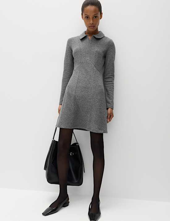 Cotton Blend Cosy Collared Mini Skater Dress