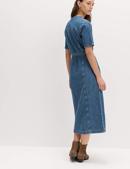 Denim Button Through Midi Waisted Dress