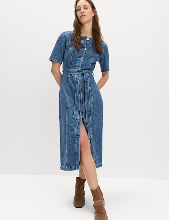 Denim Button Through Midi Waisted Dress