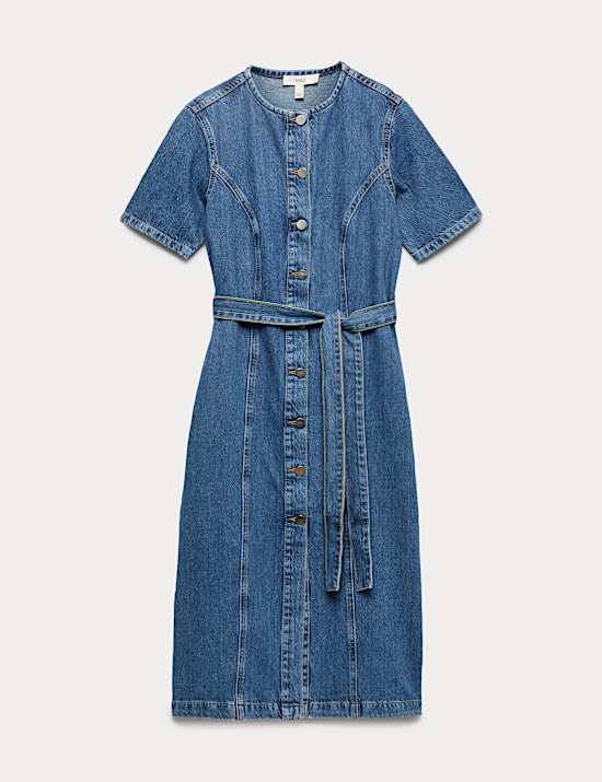 Denim Button Through Midi Waisted Dress