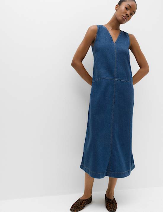 Denim V-Neck Tie Detail Midi Relaxed Dress