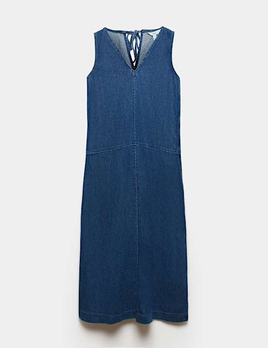 Bequemes Midi-Stufenkleid aus Denim mit V-Ausschnitt und Bindedetail