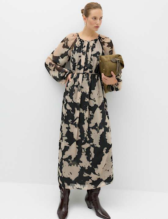Chiffon Printed Tie Neck Midi Relaxed Dress