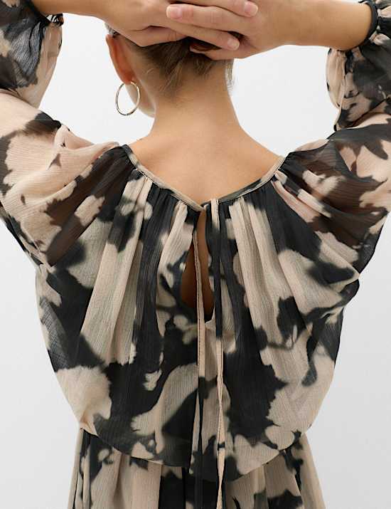 Chiffon Printed Tie Neck Midi Relaxed Dress