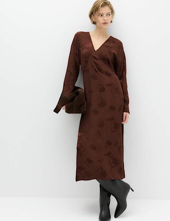 Satin Floral Jacquard V-Neck Midi Tea Dress