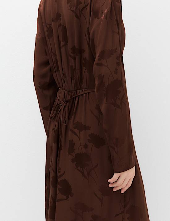 Satin Floral Jacquard V-Neck Midi Tea Dress