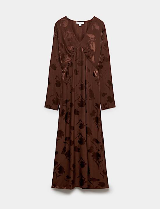 Satin Floral Jacquard V-Neck Midi Tea Dress