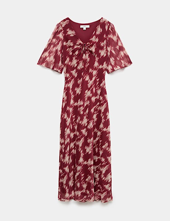 Chiffon Floral V Neck Tie Detail Midi Tea Dress
