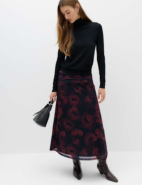 Rok Midi A-Line Jaring Lipatan Motif Bunga