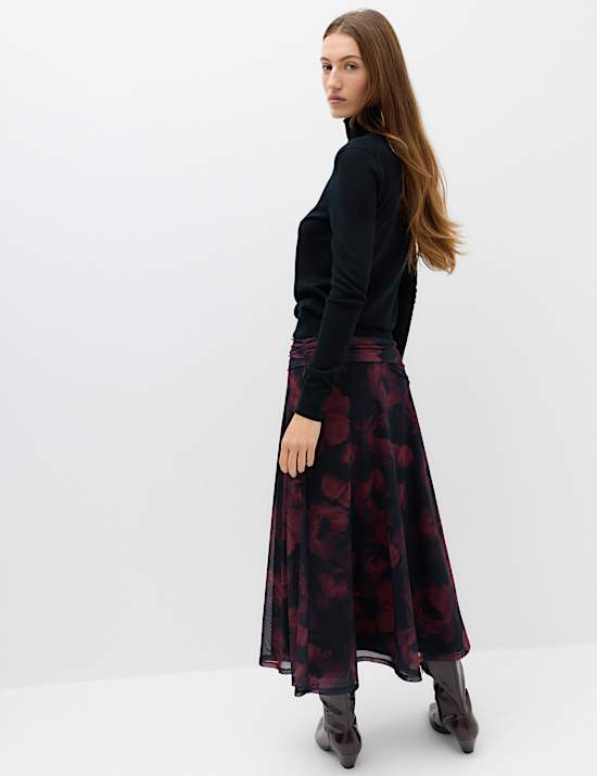 Rok Midi A-Line Jaring Lipatan Motif Bunga