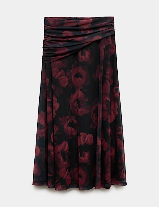 Rok Midi A-Line Jaring Lipatan Motif Bunga