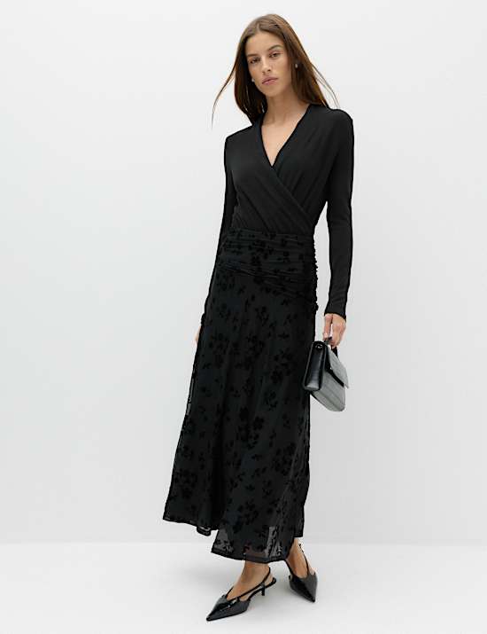 Devore Floral Ruched Midi A Line Skirt