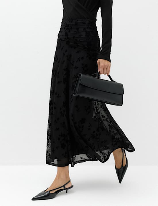 Devore Floral Ruched Midi A Line Skirt