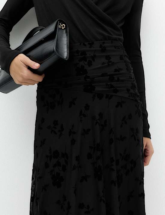 Devore Floral Ruched Midi A Line Skirt