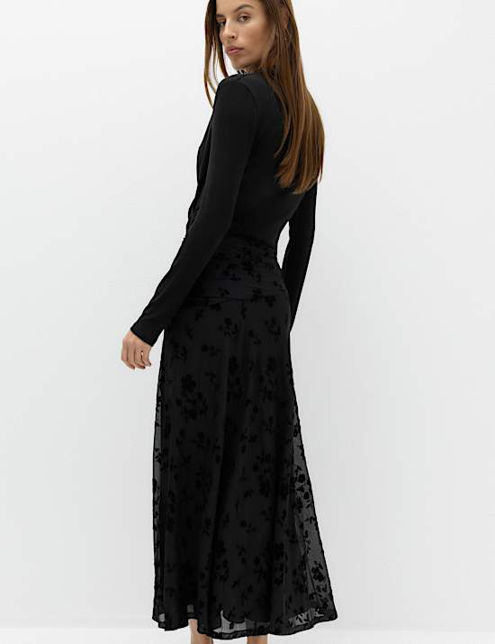 Devore Floral Ruched Midi A Line Skirt