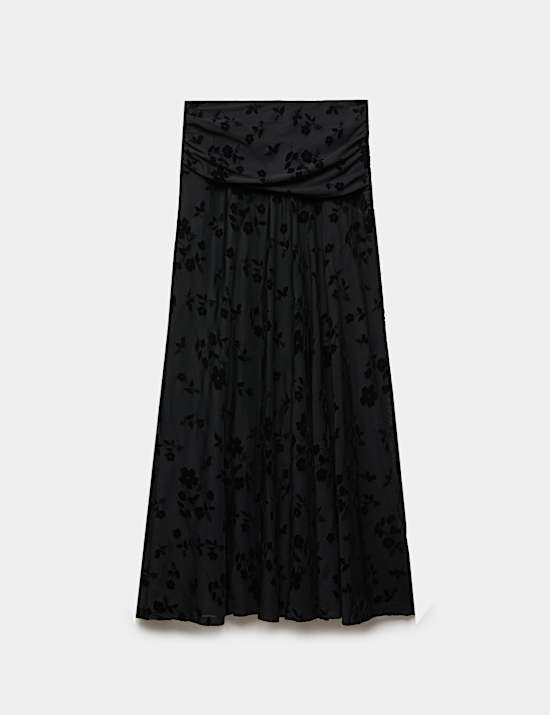 Rok Midi A-Line Kerut Motif Bunga Devore