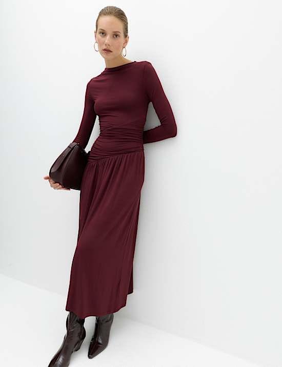 Jersey Draped Midi Waisted Dress