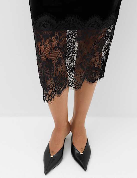Velvet Lace Detail Midi A-Line Skirt