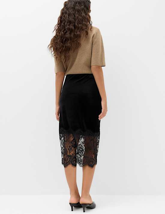 Velvet Lace Detail Midi A-Line Skirt