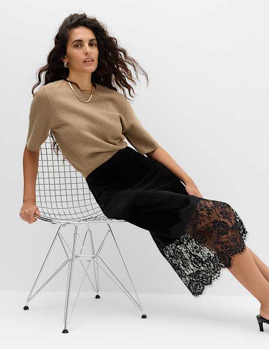Velvet Lace Detail Midi A-Line Skirt