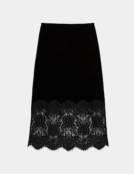 Velvet Lace Detail Midi A-Line Skirt