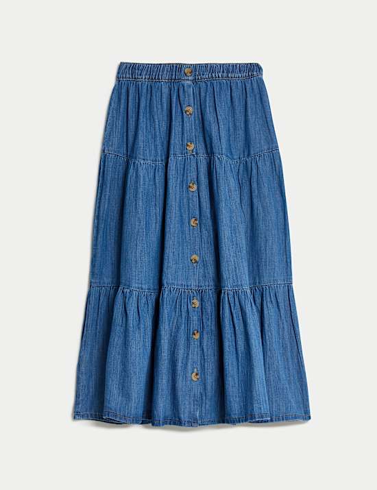 Denim gelaagde midi-rok met knoopsluiting voor