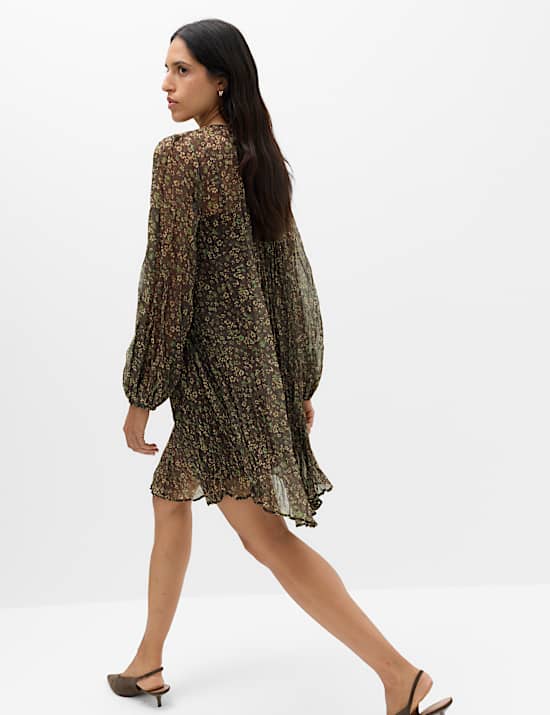Floral Tie Neck Mini Waisted Dress