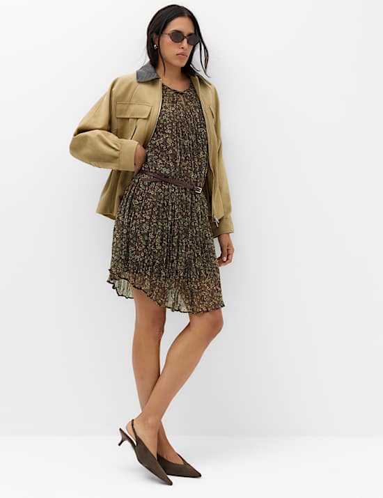 Floral Tie Neck Mini Waisted Dress