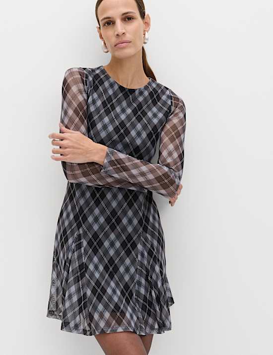Mesh Checked Mini Skater Dress
