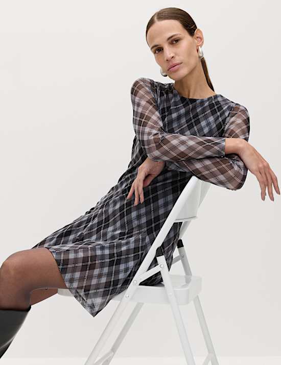 Mesh Checked Mini Skater Dress