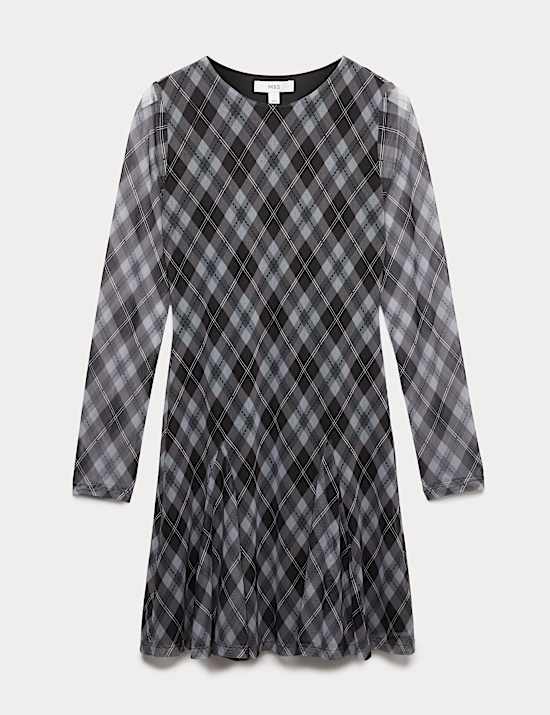 Mesh Checked Mini Skater Dress