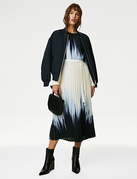 Ombre Tie Waist Pleated Midi Waisted Dress