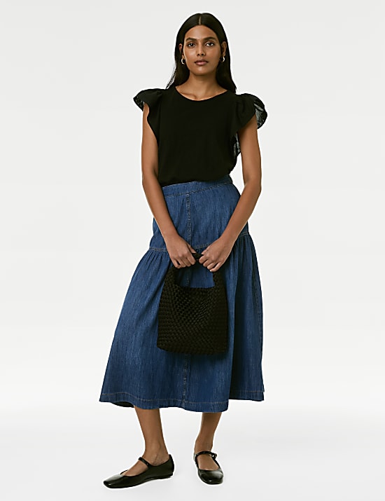 Denim gelaagde midi-rok met zoomdetail