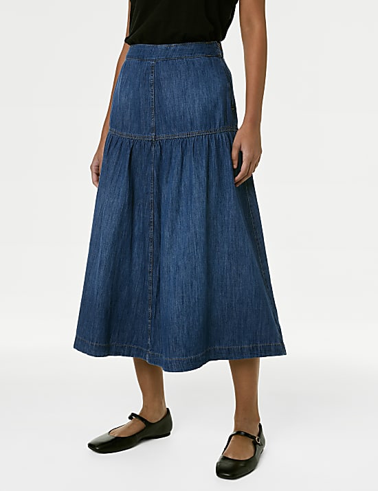 Denim gelaagde midi-rok met zoomdetail