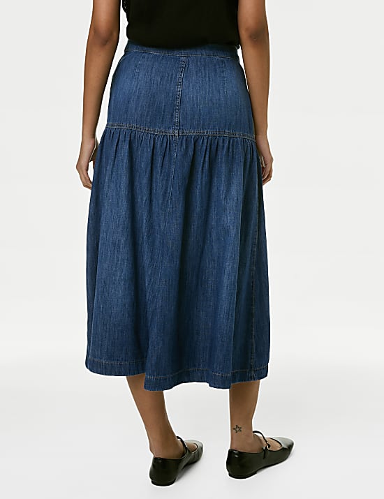 Denim gelaagde midi-rok met zoomdetail