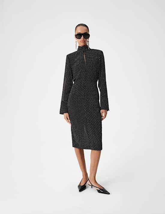 Polka Dot Funnel Neck Midi Shift Dress